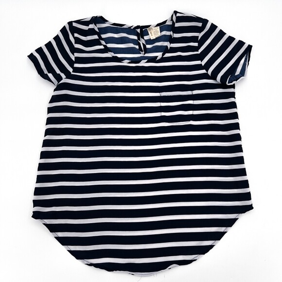 Japna Tops - Japna Shirt Womens Large Navy White Striped Blouse Short Sleeve Pocket